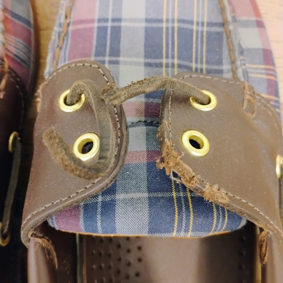 Brooks Brothers Mens Size 8 D Boat Shoes Blue Red Plaid Brown Leather‎ Loafers - Picture 8 of 12